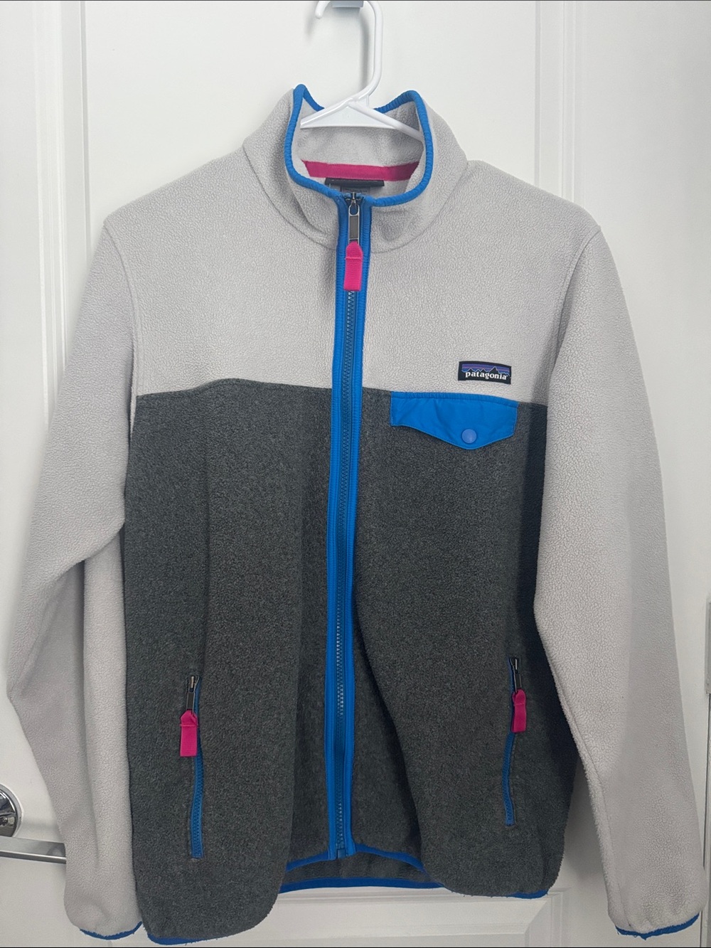Patagonia Women’s Two-Tone Fleece Jacket in Light Gray, Dark Gray & Blue Accents